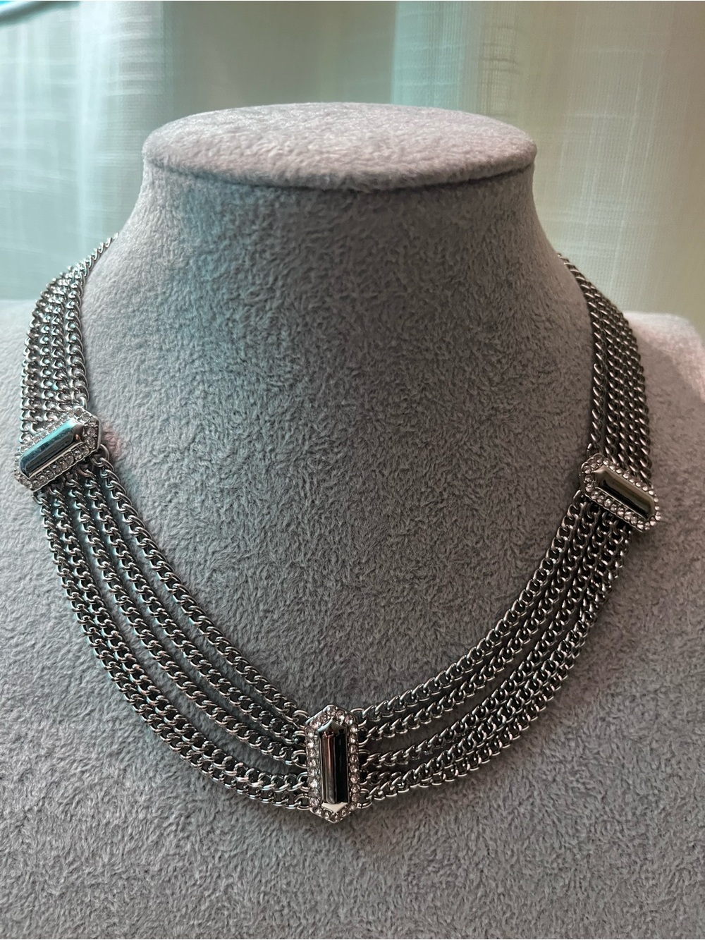 NEW Silvertone Multi-Strand Chain Necklace with Clear Stone Accents